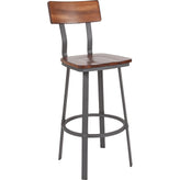 flint series rustic walnut restaurant barstool with wood seat and back and gray powder coat frame