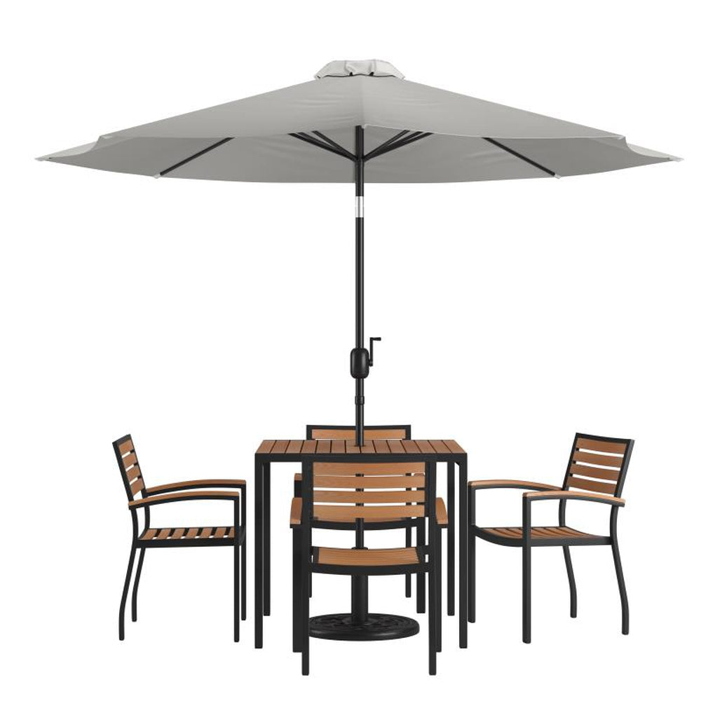Lark 7 Piece Outdoor 35" Patio Table Set with Umbrella and 4 Synthetic Teak Stackable Chairs