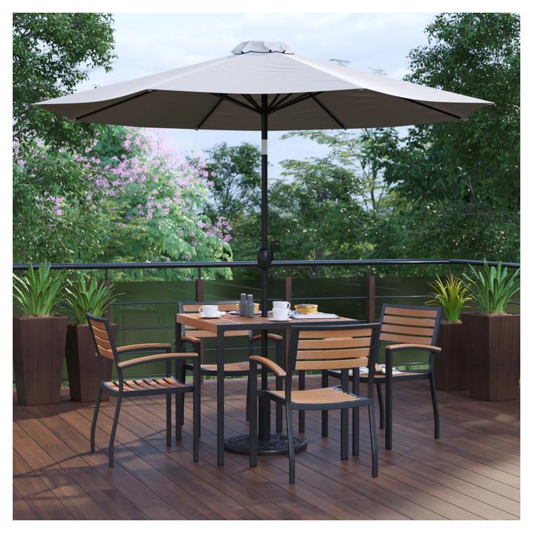 commercial patio tables with sun umbrella Lark 7 Piece Outdoor 35in Patio Table Set with Umbrella and 4 Synthetic – Restaurant Furniture Plus