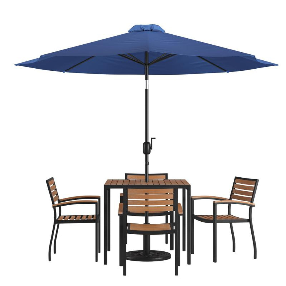 Lark 7 Piece Outdoor 35" Patio Table Set with Umbrella and 4 Synthetic Teak Stackable Chairs