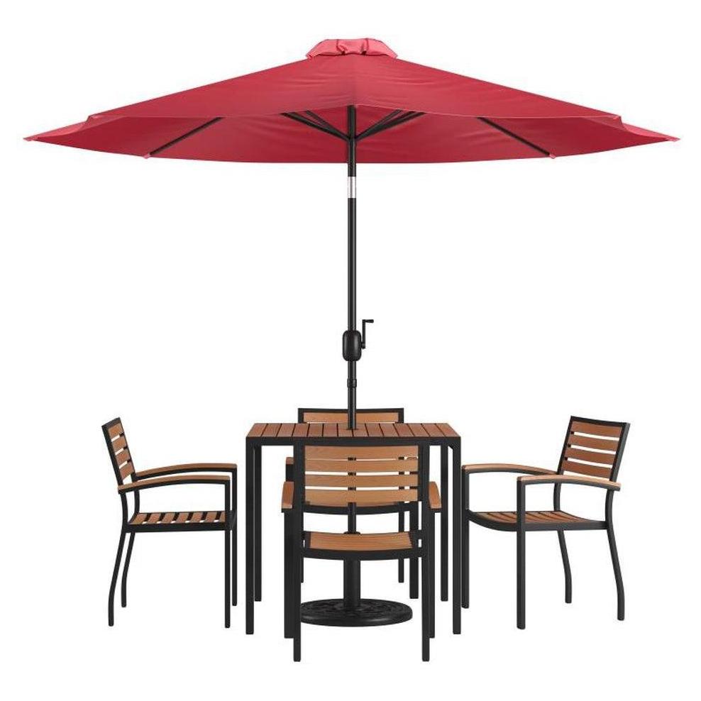 2 chair patio set with umbrella Flash Furniture 7 Piece Outdoor Patio Table Set with 4 Synthetic Teak Stackable Chairs - 35" Square Table