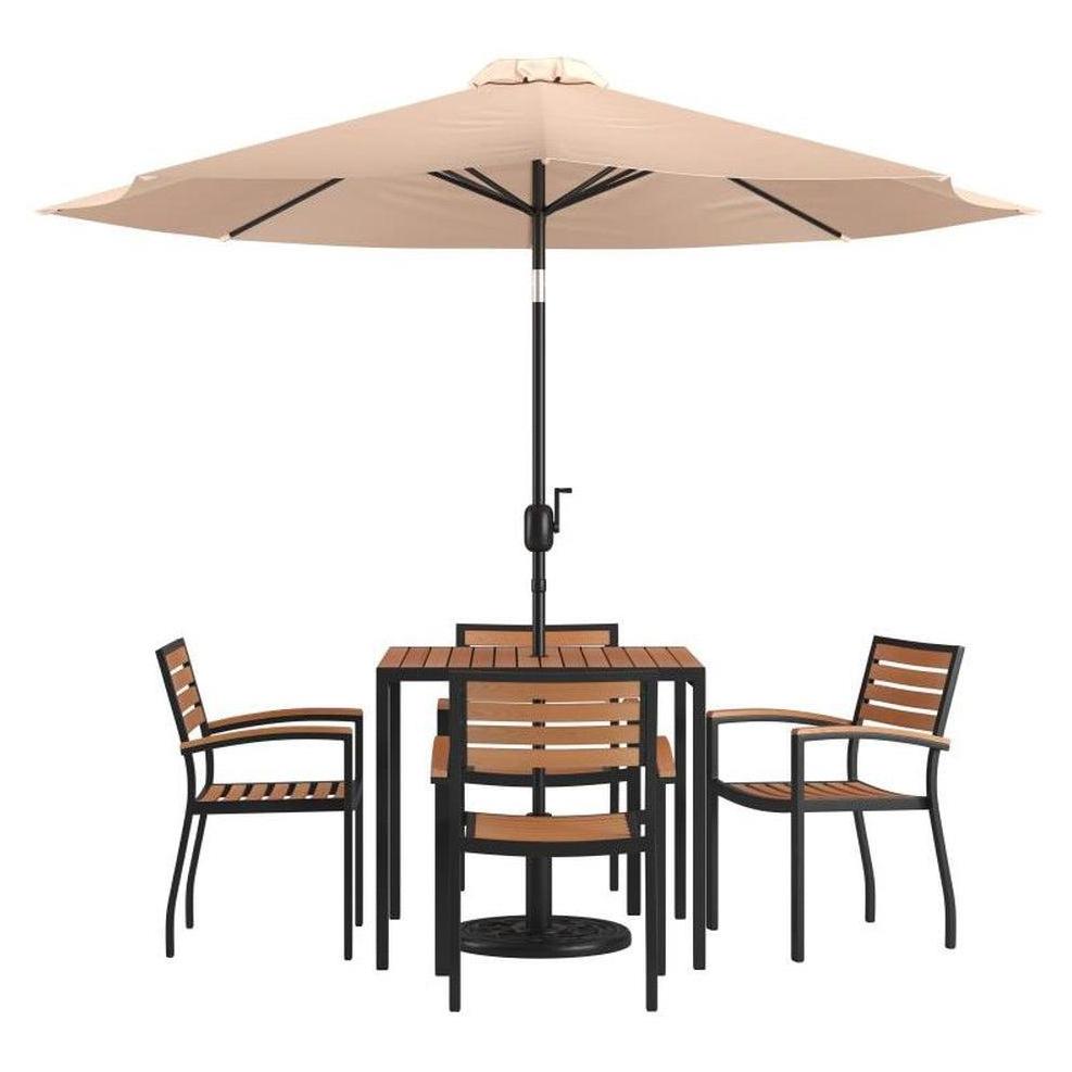 cheap patio furniture sets with umbrella Flash Furniture 7 Piece Outdoor Patio Table Set with 4 Synthetic Teak Stackable Chairs - 35" Square Table