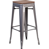 30 high backless clear coated metal bar stool with wood seat