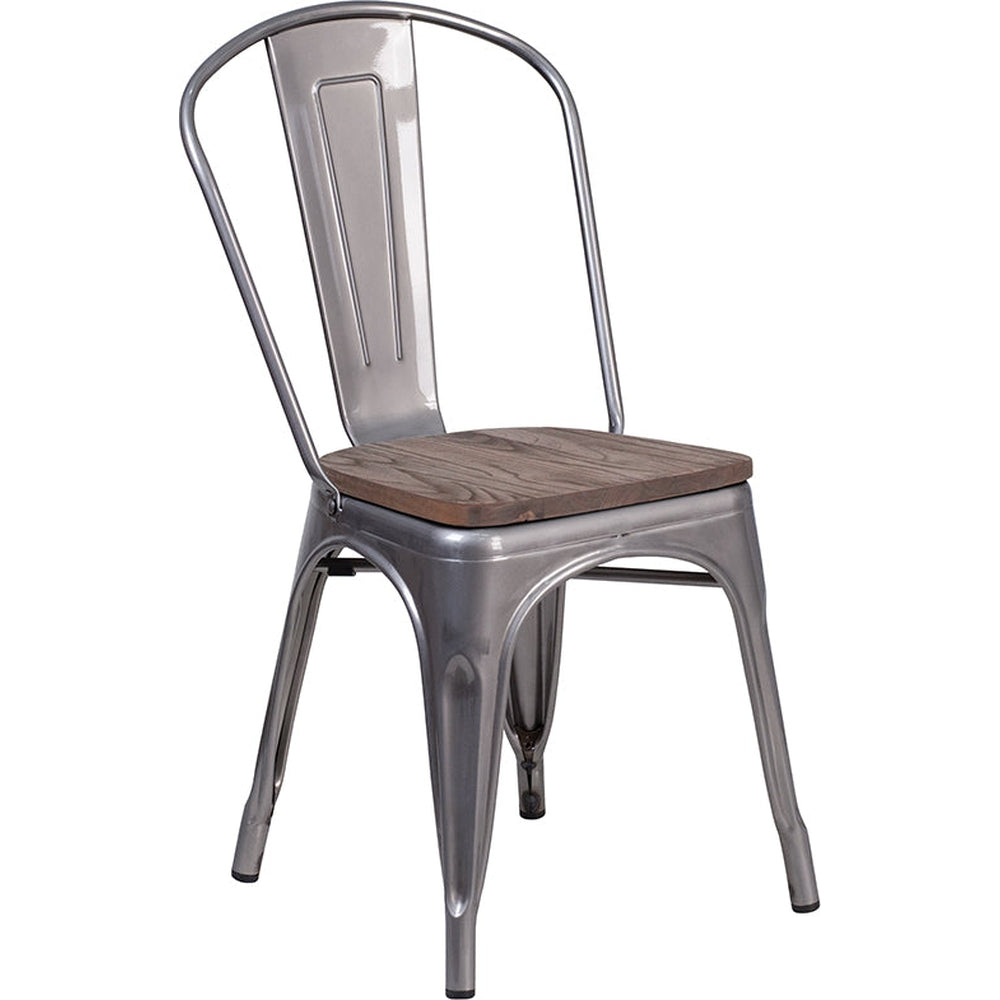 clear coated metal stackable chair with wood seat