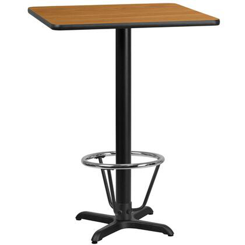 24 inch x 30 inch rectangular laminate table top with 22 inch x 22 inch bar height table base and ft ring