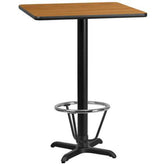 24 inch x 30 inch rectangular laminate table top with 22 inch x 22 inch bar height table base and ft ring