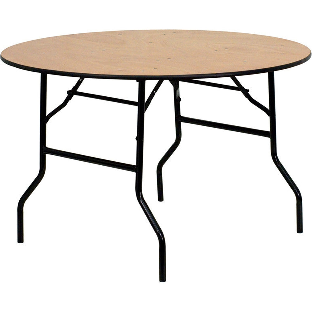 48 round wood folding banquet table with clear coated finished top