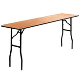 18 x 72 rectangular wood folding training seminar table with smooth clear coated finished top