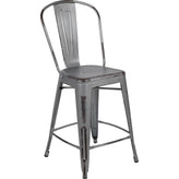 commercial grade 24 inch high distressed silver gray metal indoor outdoor counter height stool with back