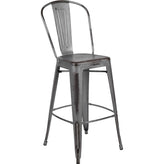 commercial grade 30 inch high distressed silver gray metal indoor outdoor barstool with back