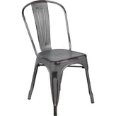 commercial grade distressed silver gray metal indoor outdoor stackable chair