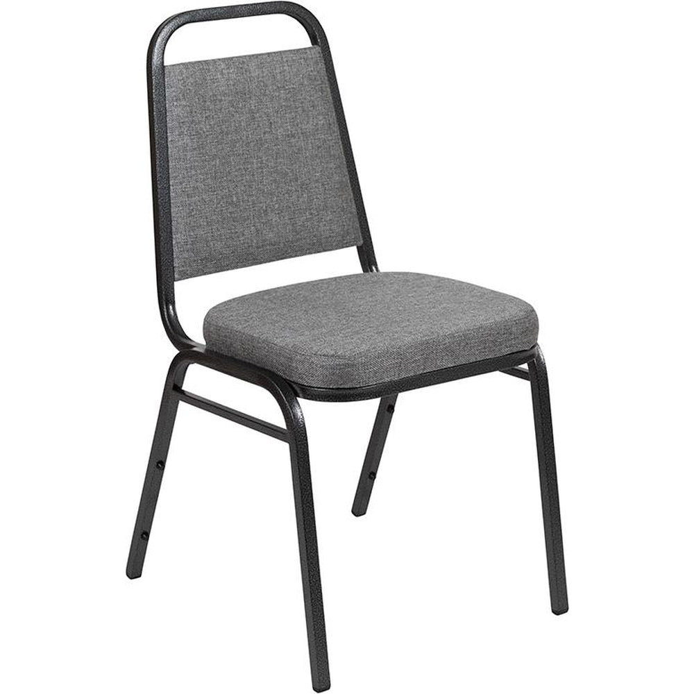 hercules series trapezoidal back stacking banquet chair with 2 5 inch thick seat in gray fabric silver vein frame