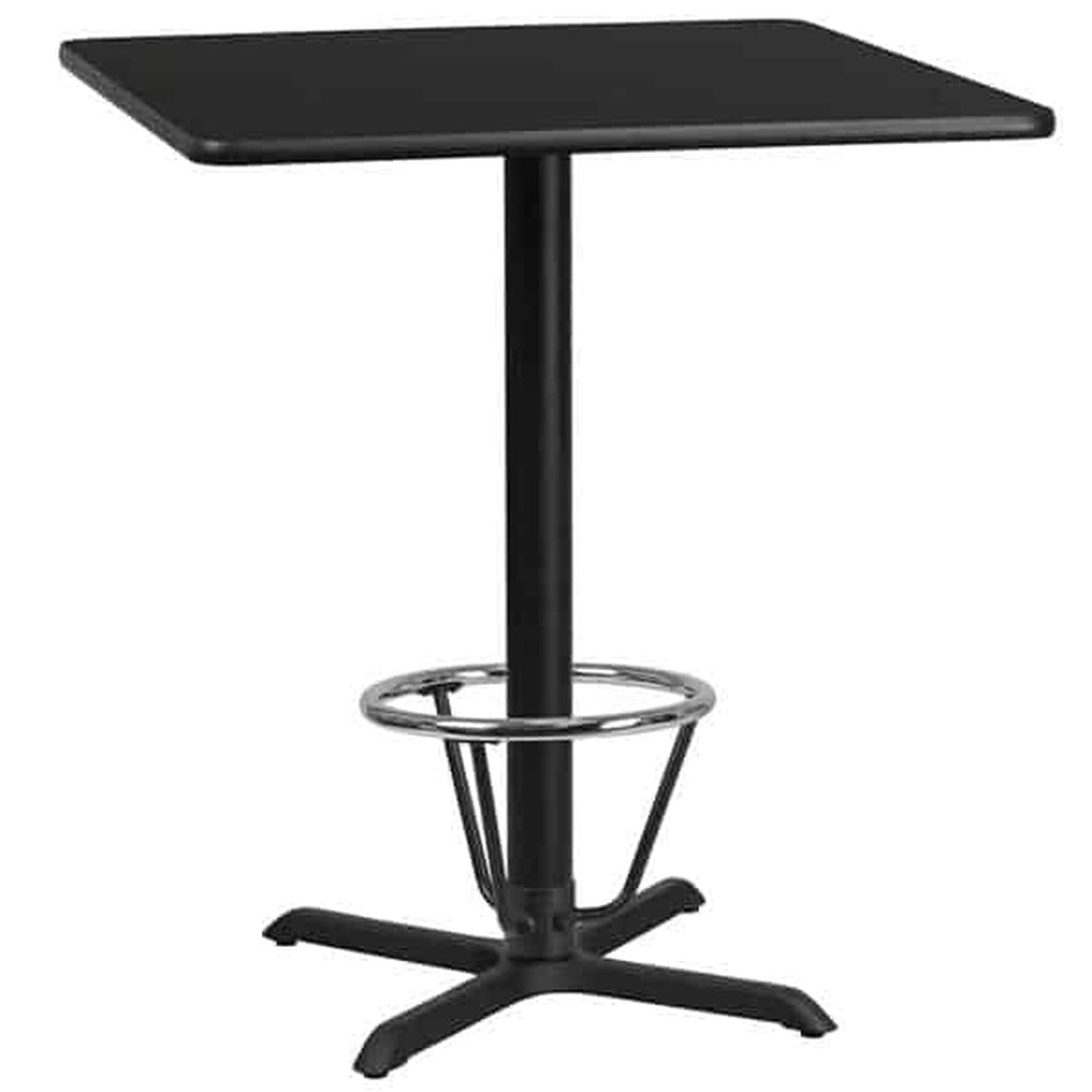 36inch square laminate table top with 30inch x 30inch bar height table base and foot ring
