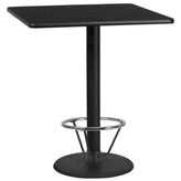 36inch square laminate table top with 24inch round bar height table base and foot ring