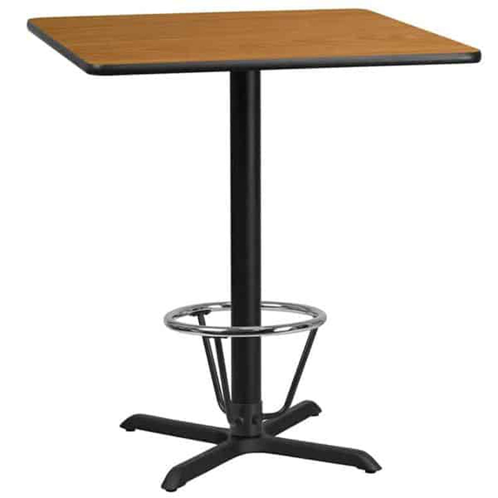 42inch square laminate table top with 33inch x 33inch bar height table base and foot ring