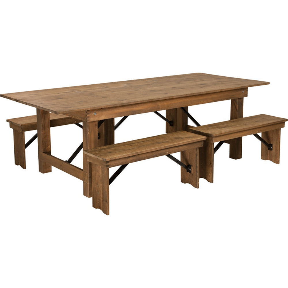 antique rustic folding farm table and four bench set 8 x 40