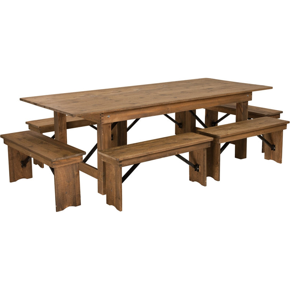 antique rustic folding farm table and six bench set 8 x 40