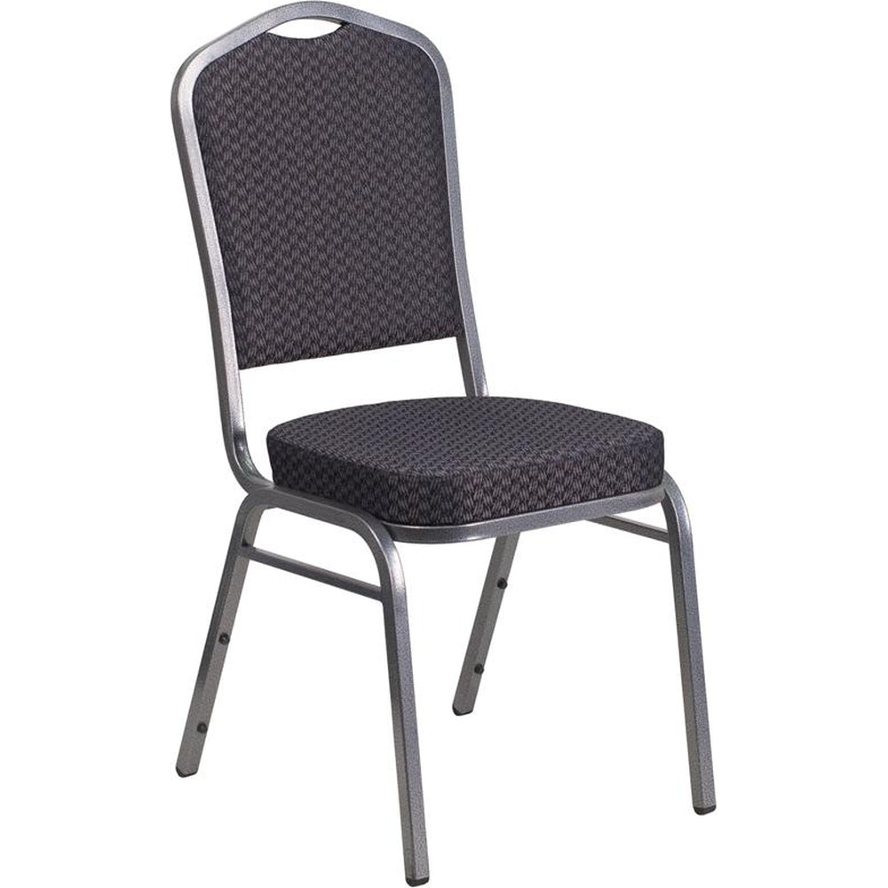 hercules series crown back stacking banquet chair in black patterned fabric silver vein frame