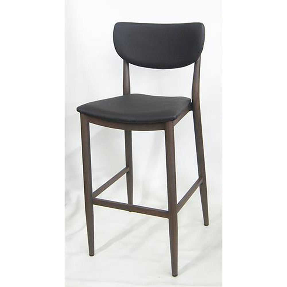 wood grain metal bar stool with espresso vinyl
