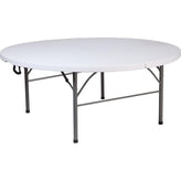 6 ft round bi fold granite white plastic banquet and event folding table with carrying handle