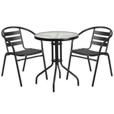 23 75 inch round glass metal table with 2 black metal aluminum slat stack chairs
