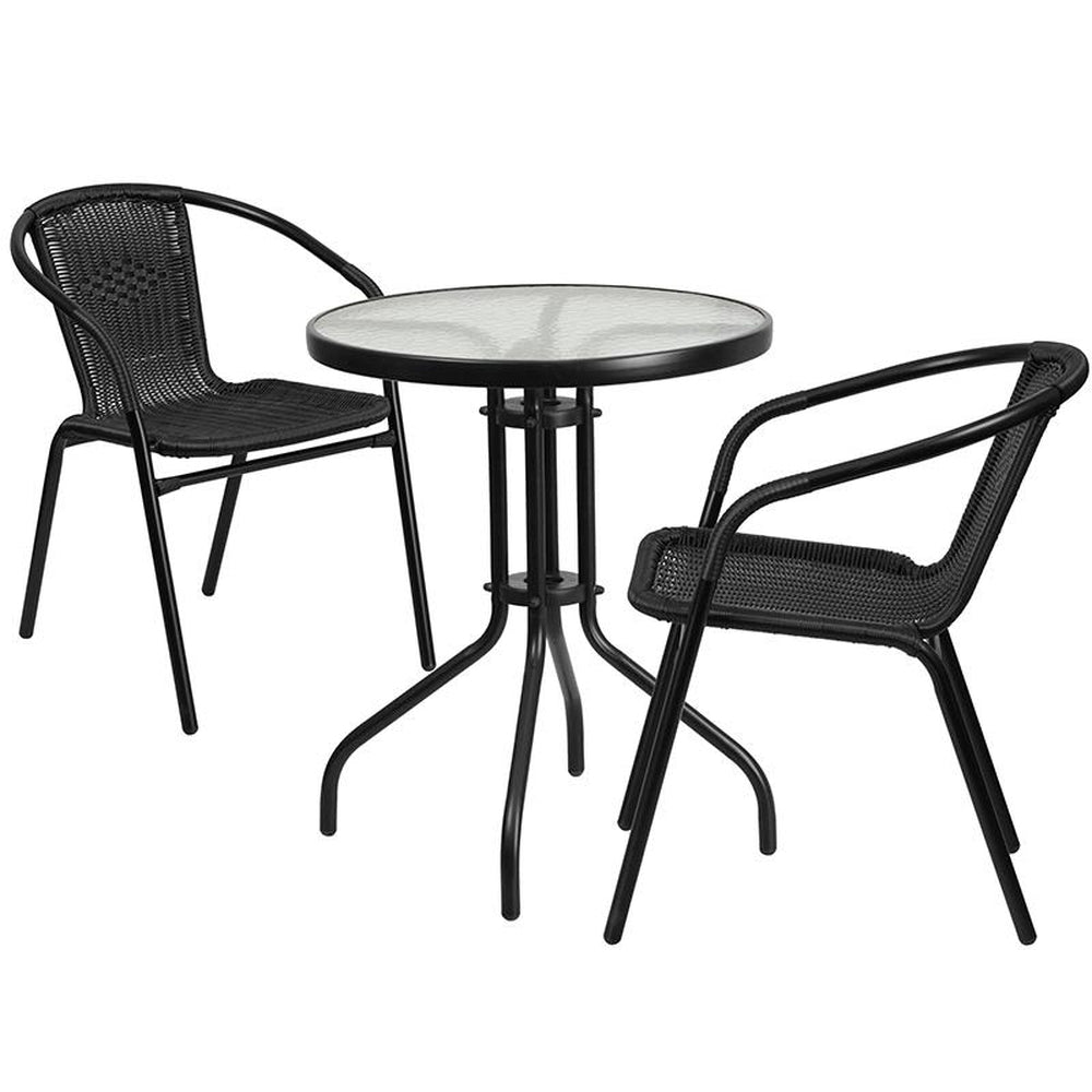 23 75 inch round glass metal table with 2 black rattan stack chairs
