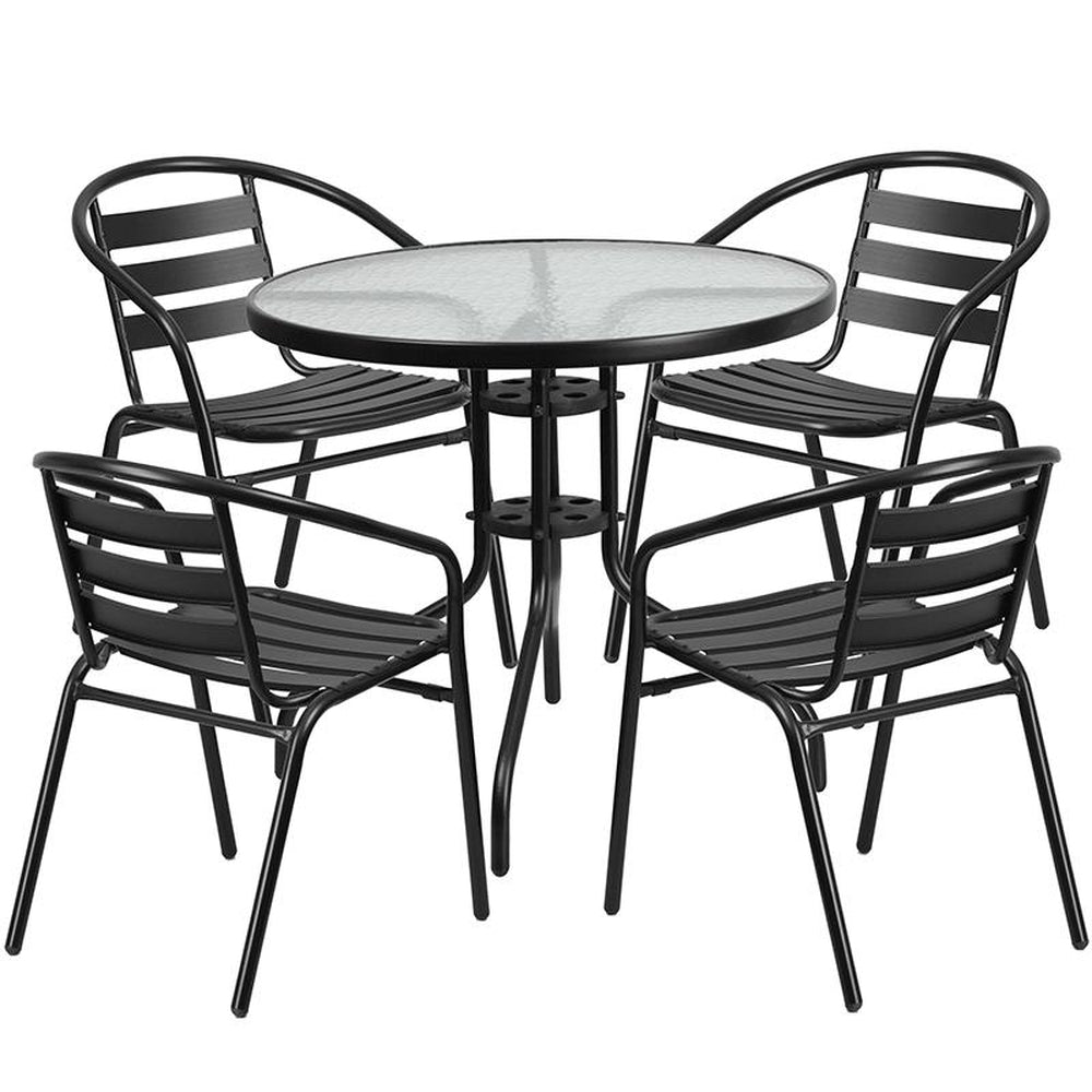 31 5 inch round glass metal table with 4 black metal aluminum slat stack chairs