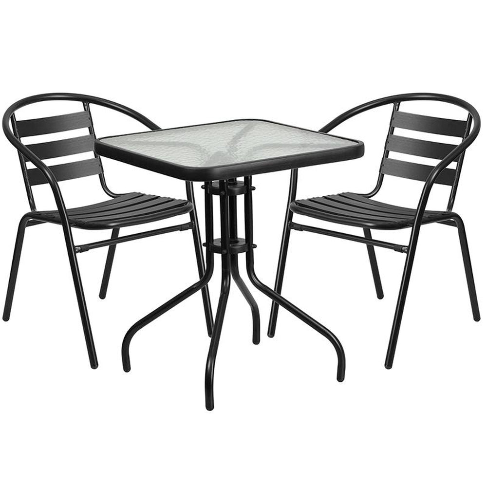23 5 inch square glass metal table with 2 black metal aluminum slat stack chairs
