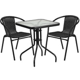 23 5 inch square glass metal table with 2 black rattan stack chairs