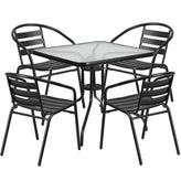 31 5 inch square glass metal table with 4 black metal aluminum slat stack chairs