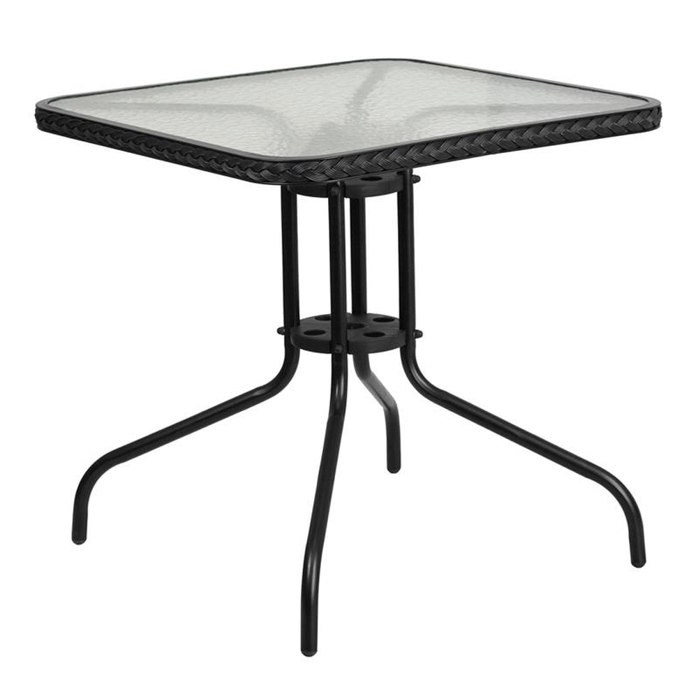 28 inch square tempered glass metal table with rattan edging