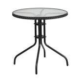28 inch round tempered glass metal table with rattan edging