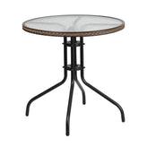 28 inch round tempered glass metal table with rattan edging