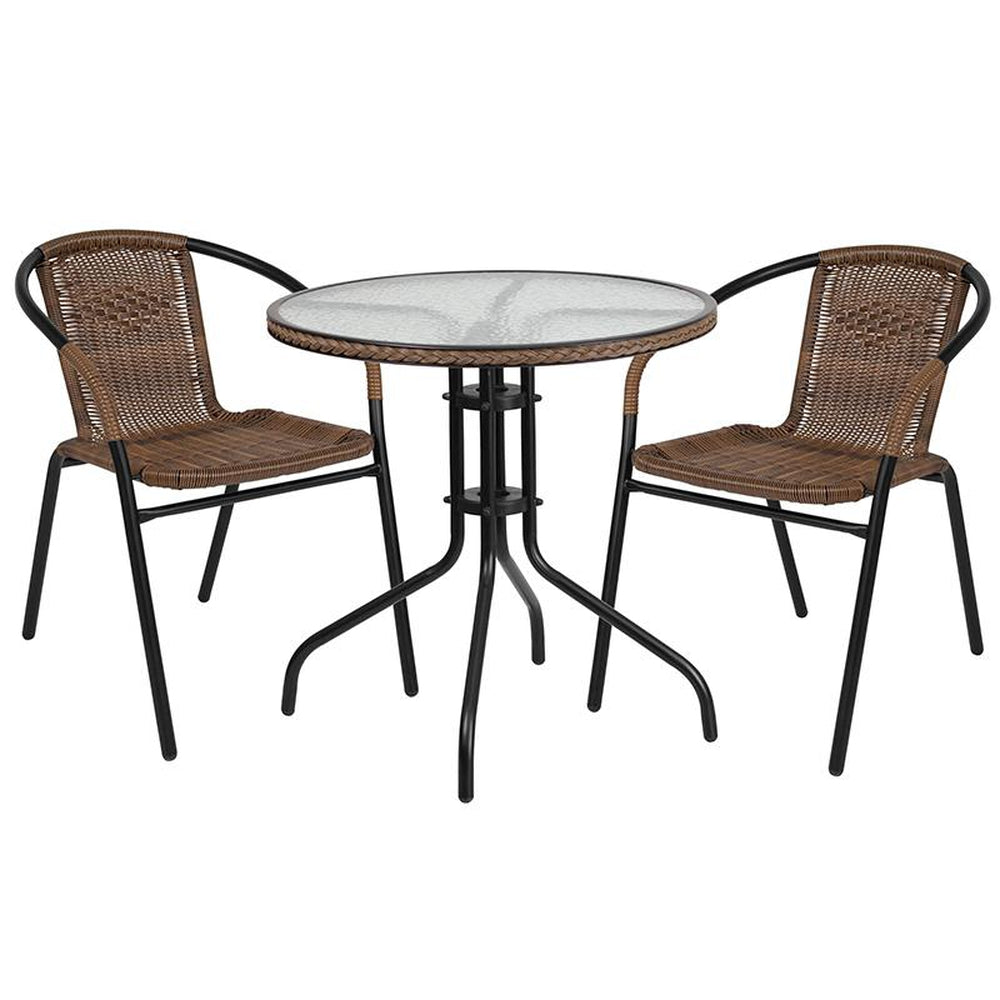 28 inch round glass metal table with black rattan edging and 2 black rattan stack chairs