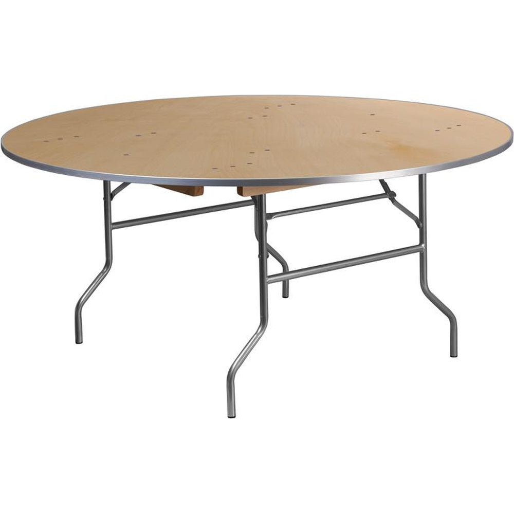 5 5 ft round heavy duty birchwood folding banquet table with metal edges