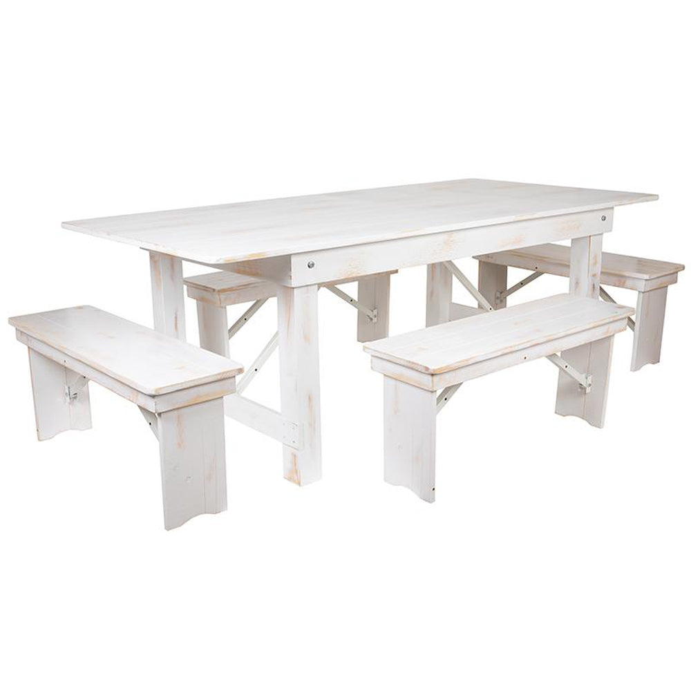 hercules series 7 ft x 40 inch antique rustic white folding farm table and four bench set