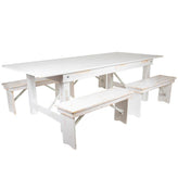 hercules series 8 ft x 40 inch antique rustic white folding farm table and four 40 25 inchl bench set