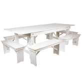 hercules series 8 ft x 40 inch antique rustic white folding farm table and six bench set