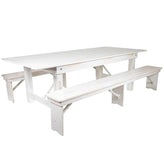 hercules series 8 ft x 40 inch antique rustic white folding farm table and two bench set