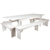 hercules series 8 ft x 40 inch antique rustic white folding farm table and four bench set