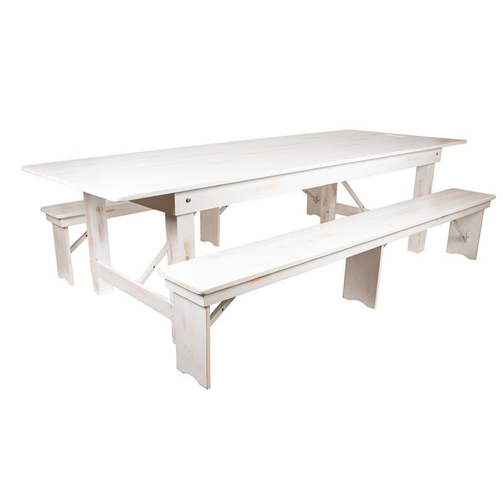 hercules series 9 ft x 40 inch antique rustic white folding farm table and two bench set