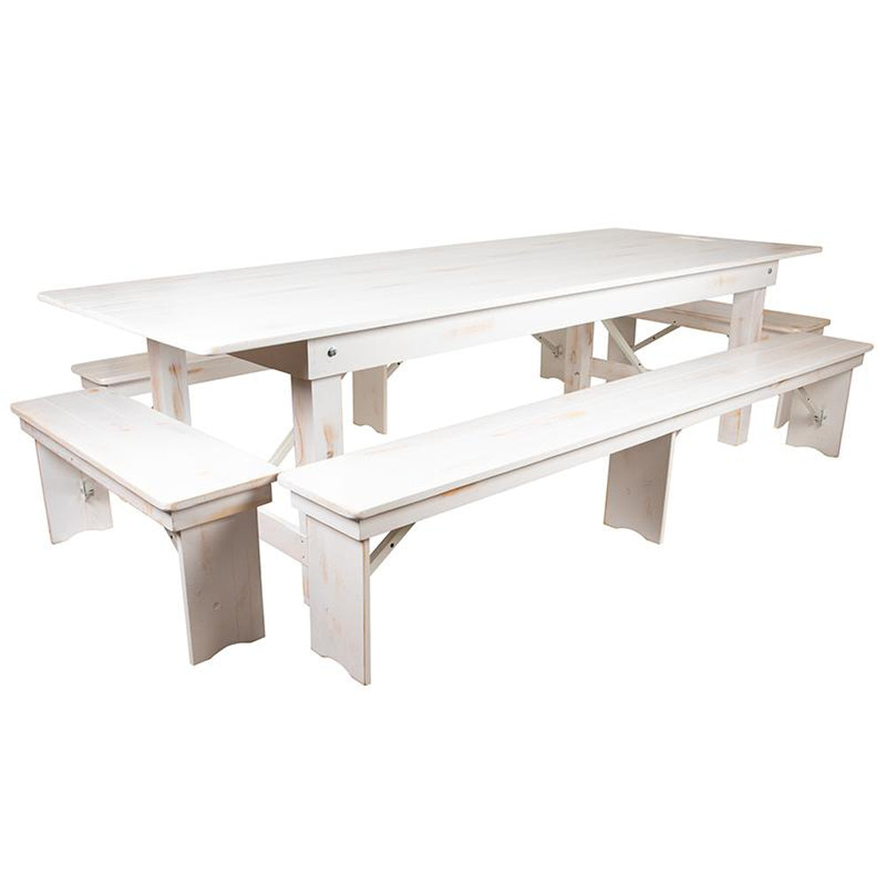 hercules series 9 ft x 40 inch antique rustic white folding farm table and four bench set
