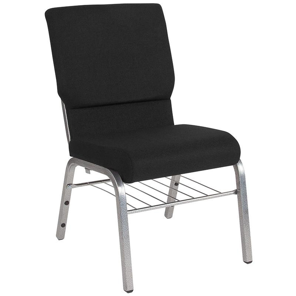 hercules series 18 5 inch width church chair in black fabric with book rack silver vein frame