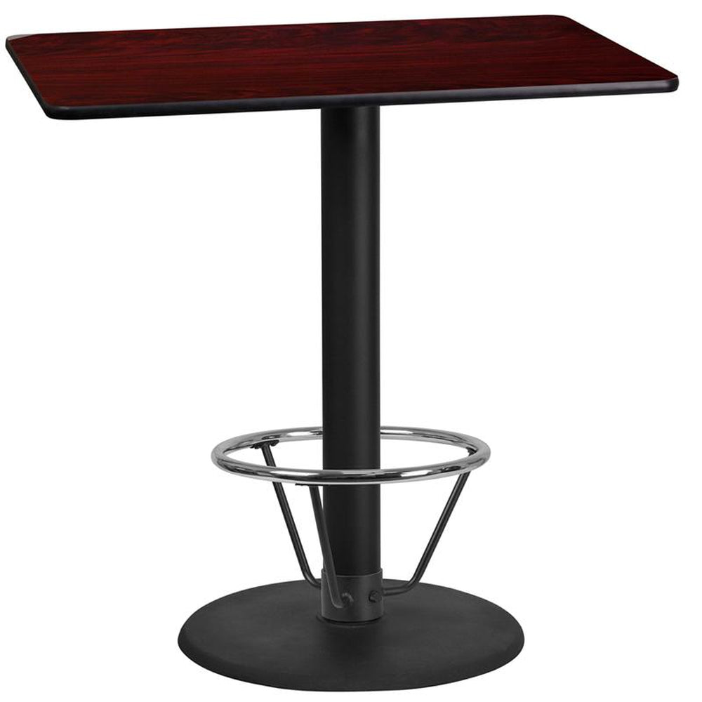 24 inch x 42 inch rectangular laminate table top with 24 inch round bar height table base and ft ring