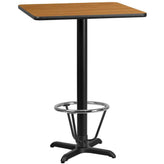 30 inch square laminate table top with 22 inch x 22 inch bar height table base and ft ring