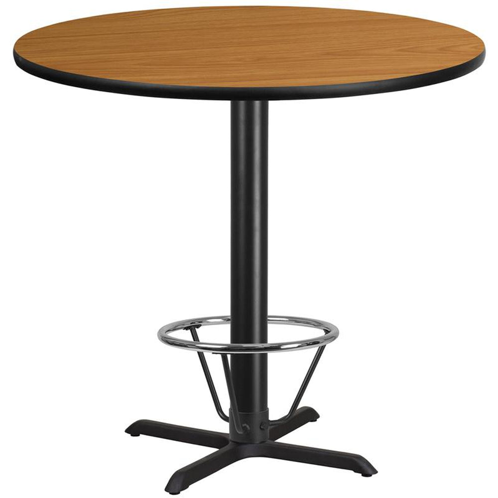 42 inch round laminate table top with 33 inch x 33 inch bar height table base and ft ring